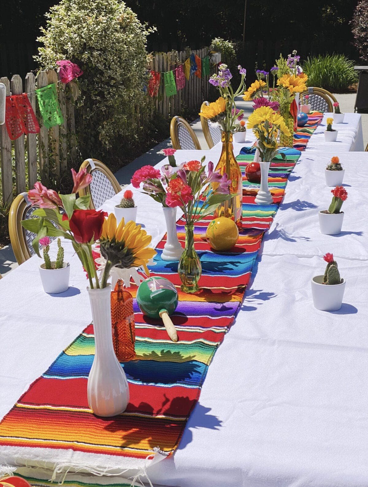 Serape table runner with Mexican flowers, maracas, and baby cacti party favors