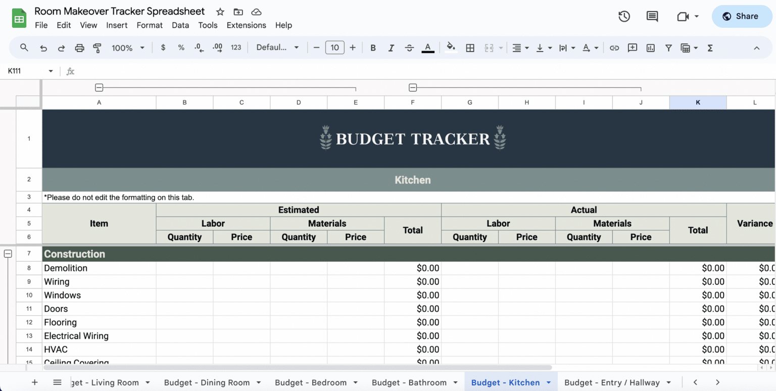 room budget spreadsheet