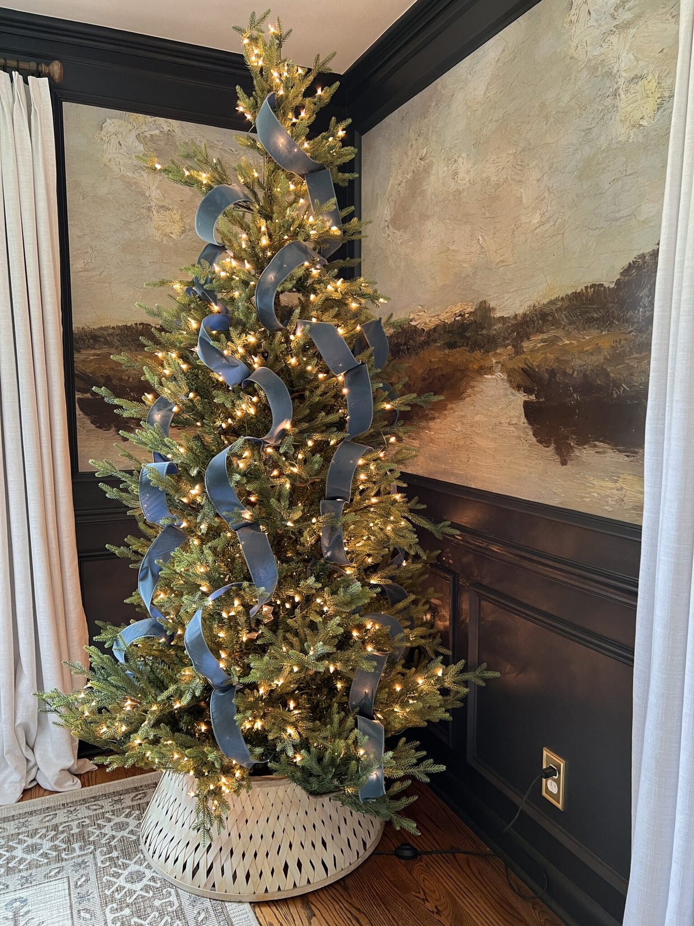 waterfall ribbon Christmas tree in antique blue