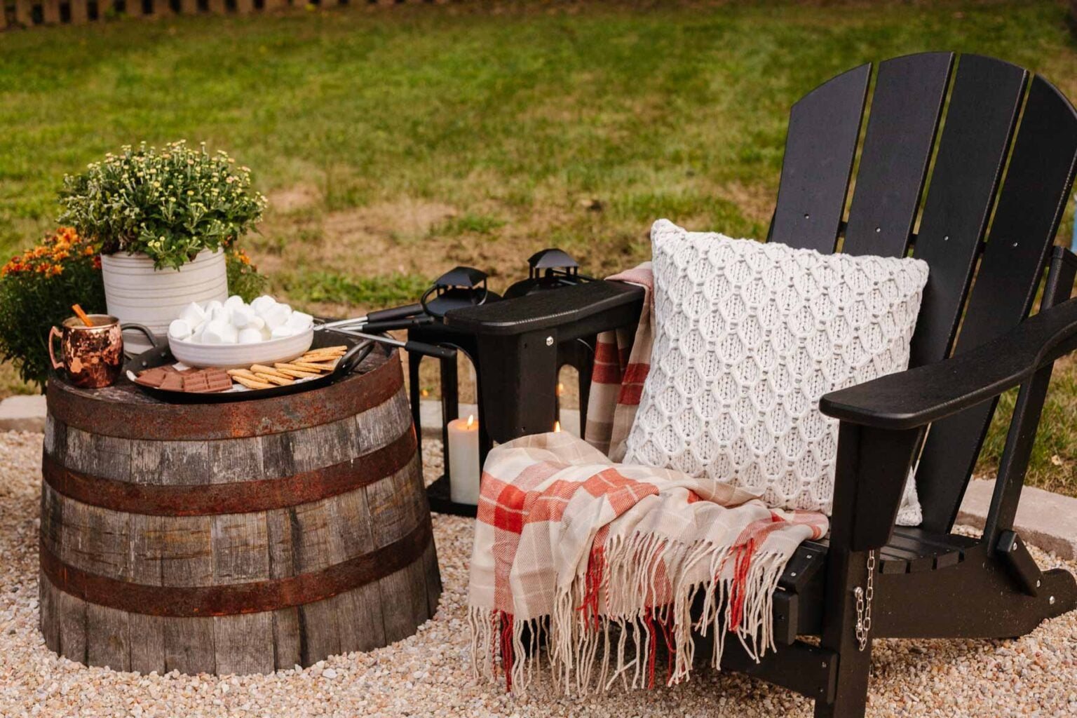 upside down barrel planter used for an outdoor table