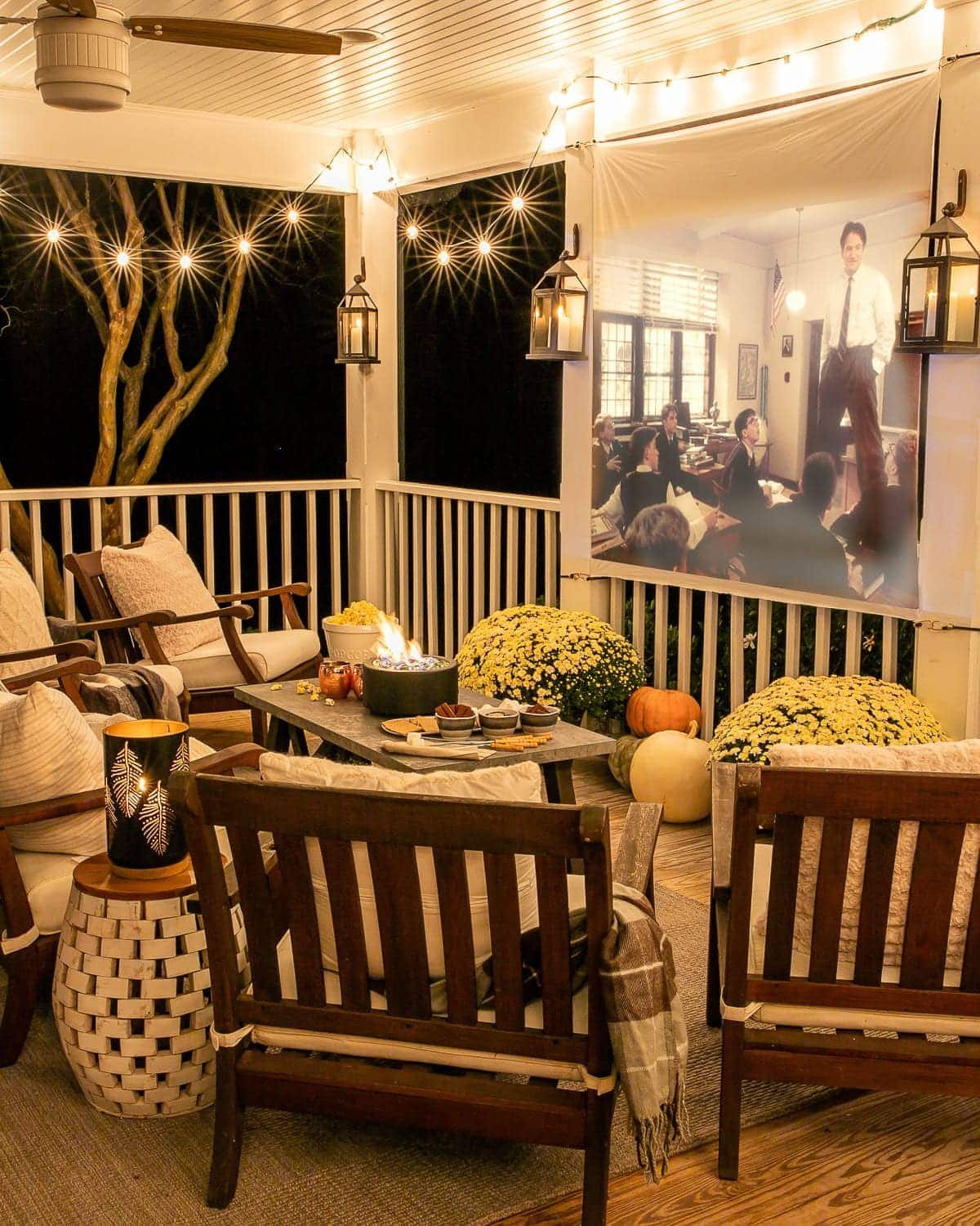 outdoor movie night on back porch watching Dead Poets Society