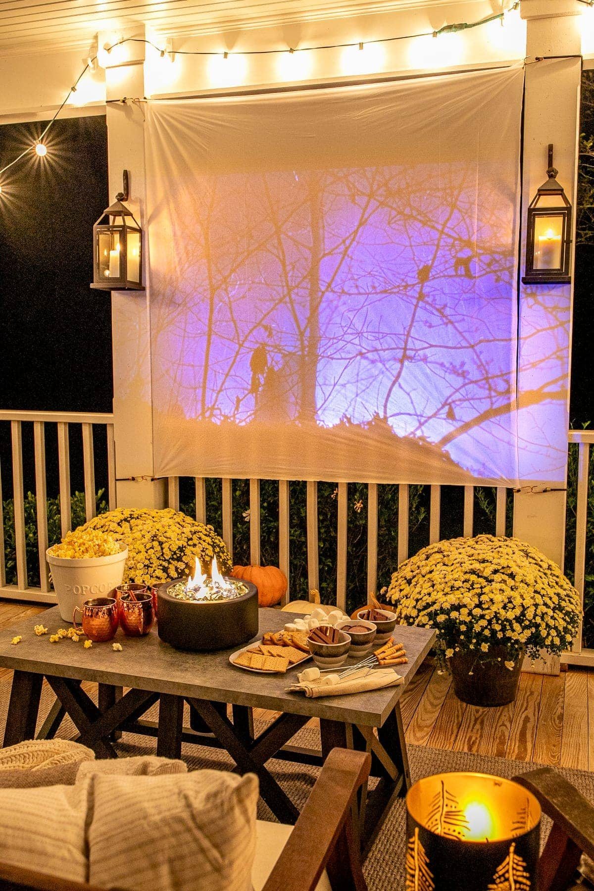DIY Outdoor Movie Screen and DIY S'mores Table on Fall Back Porch