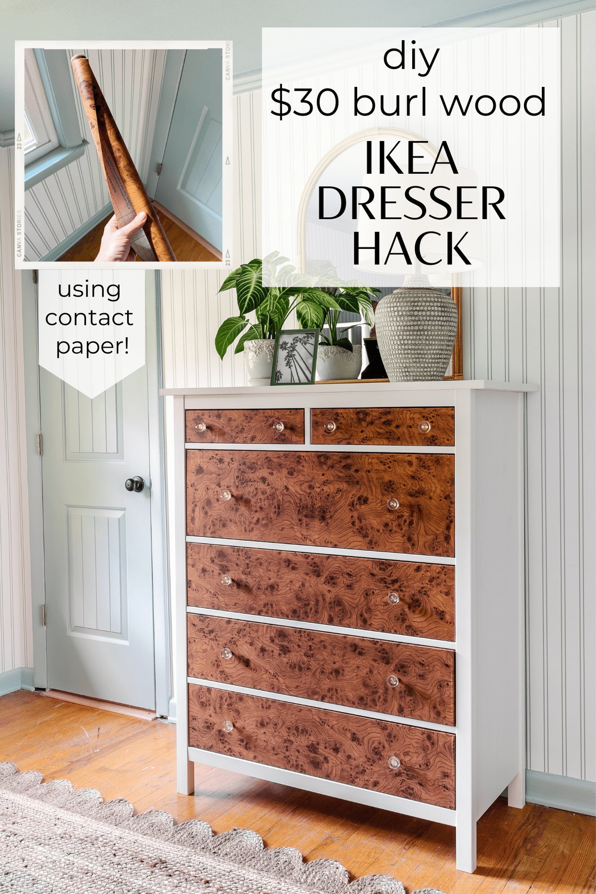 ikea dresser with burl contact paper drawers