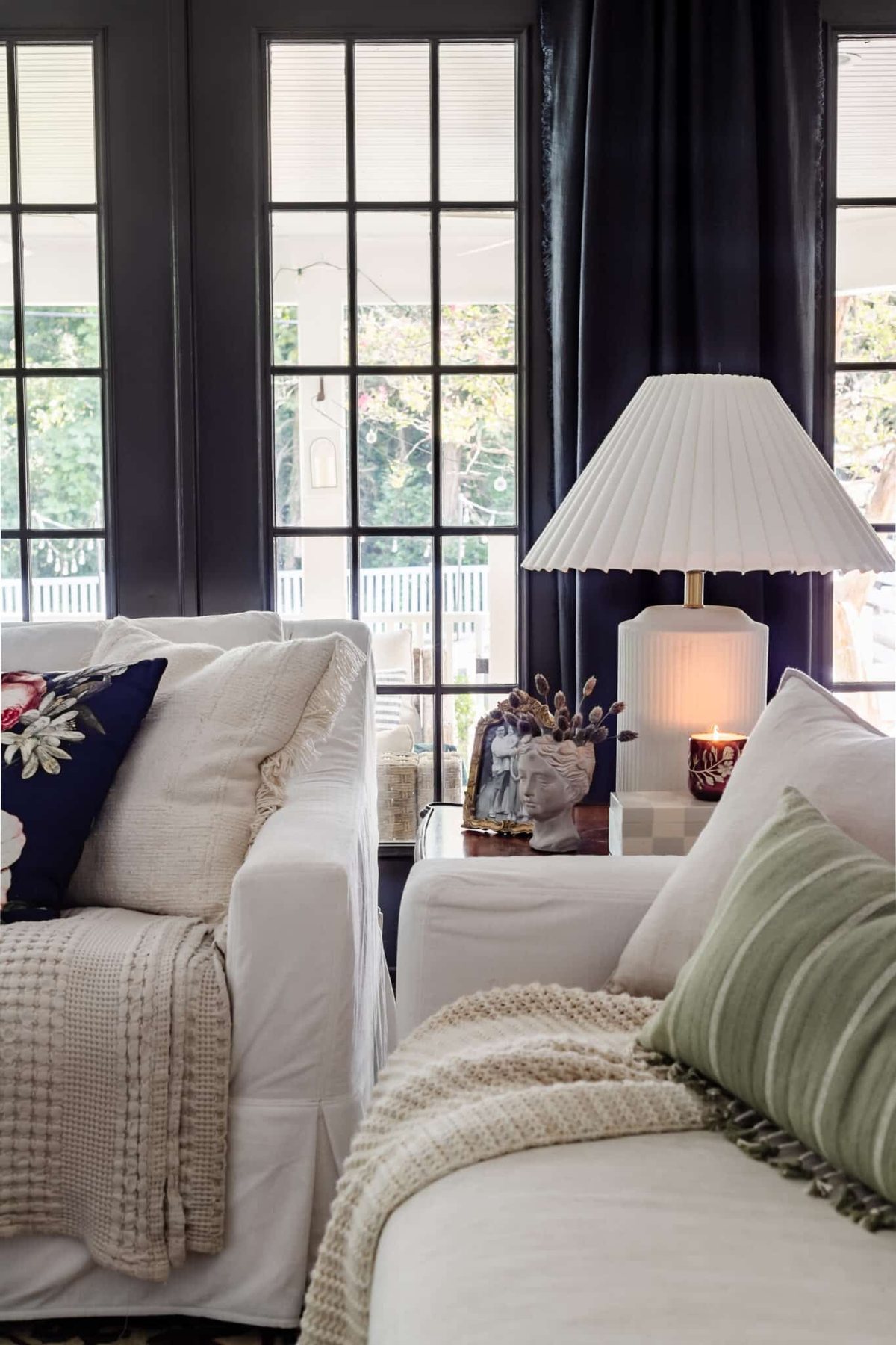 end table decor with mini bust planter, french gold frame and pleated table lamp