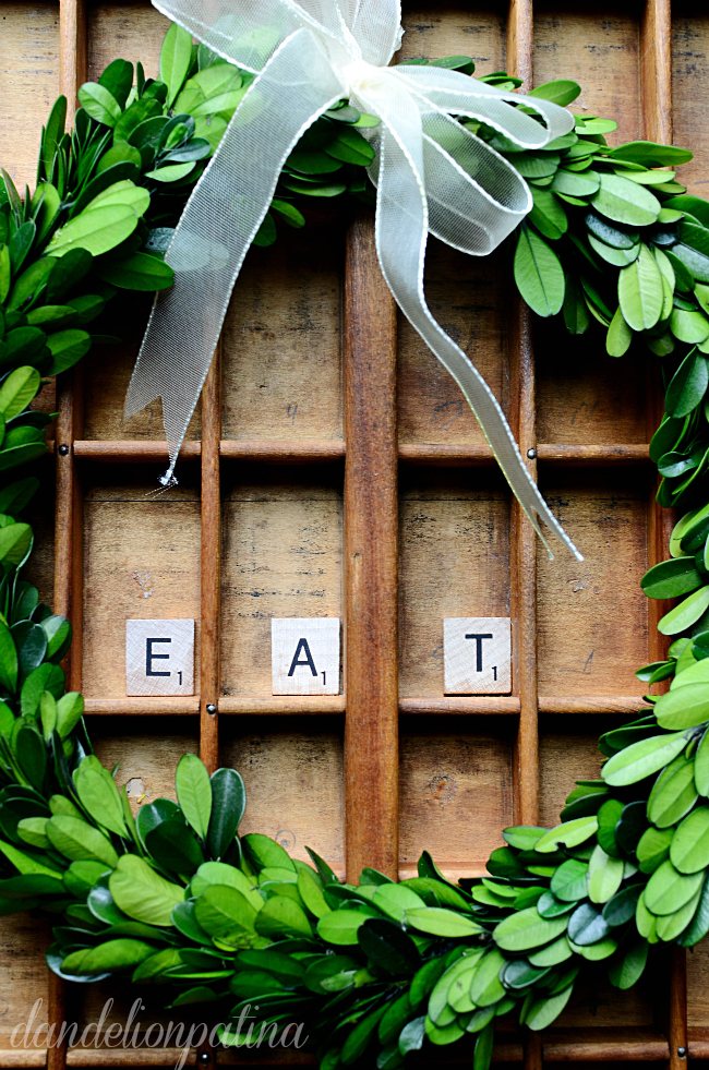 styling a vintage printers tray with boxwood wreaths and scrabble tiles