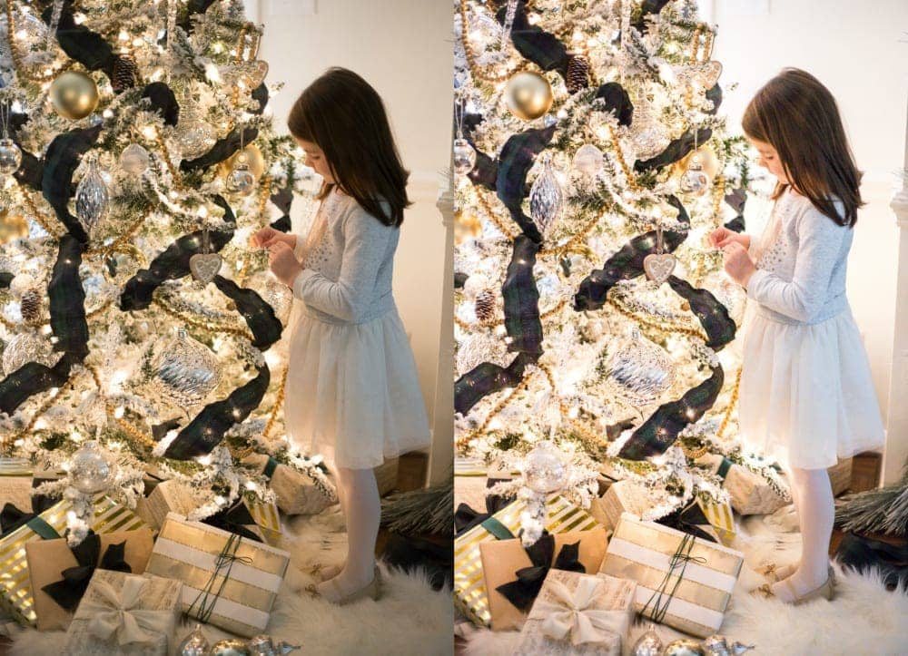 little girl standing in front of a tree for a Christmas family photoshoot