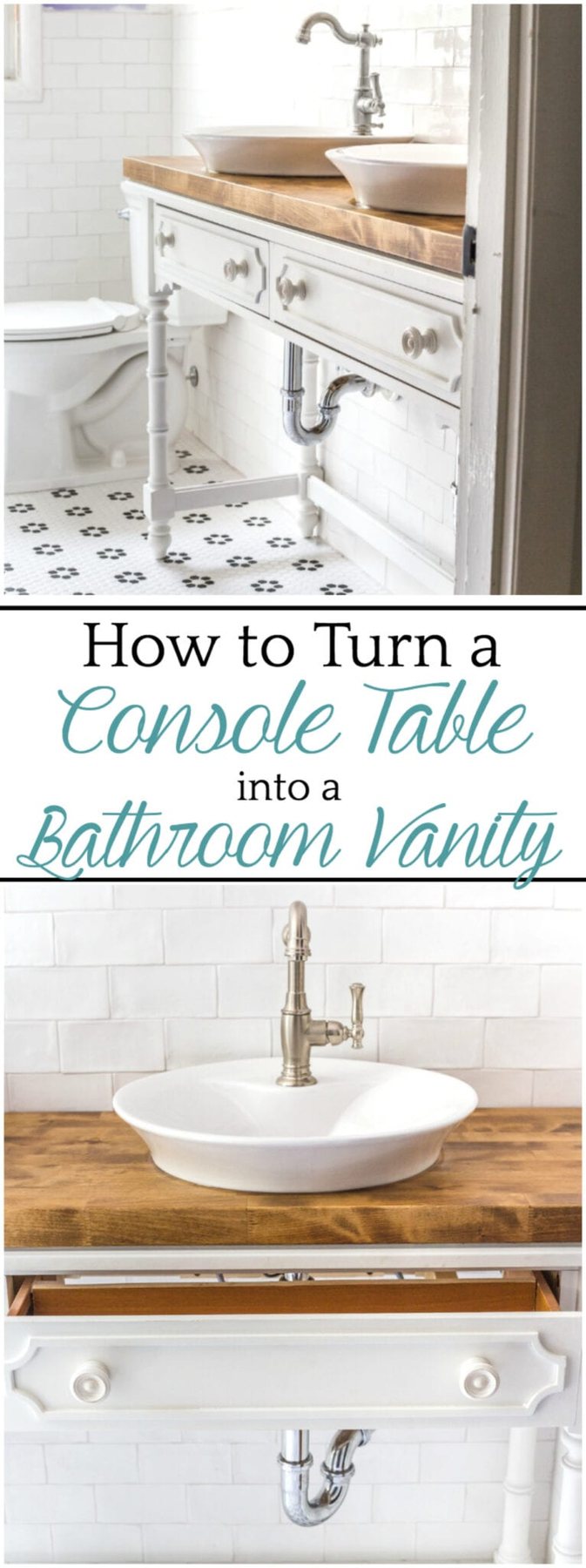 How to Turn a Console Table Into a Bathroom Vanity | unigumushane.com - A tutorial for how to reconstruct a console table to repurpose as a bathroom vanity and leave drawers functional underneath sinks.
