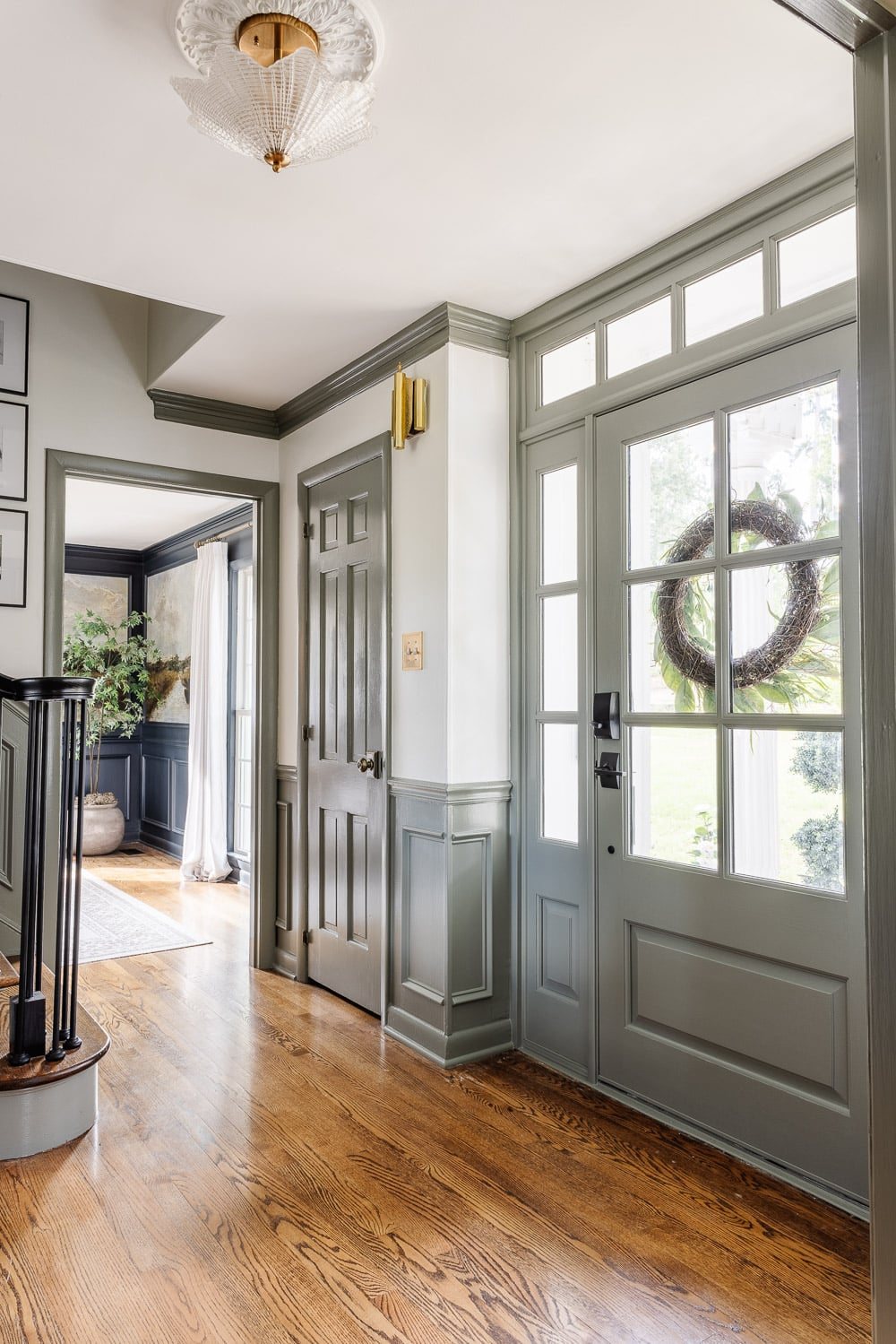 front door painted green gray paint color Sherwin Williams Willowleaf