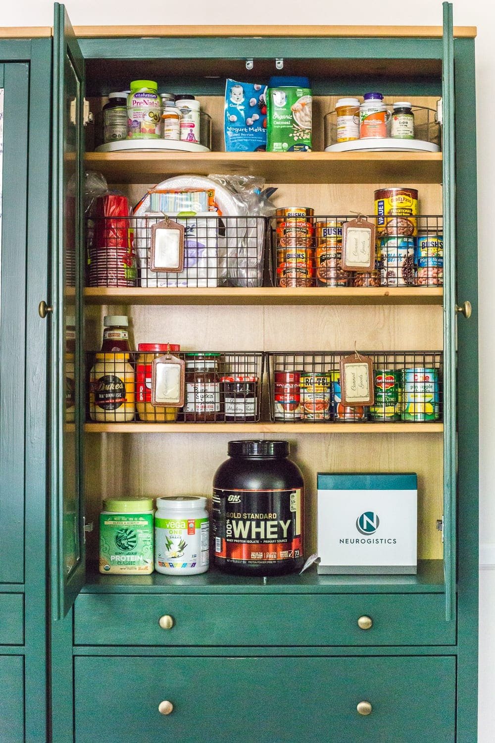 pantry organization in an IKEA hemnes cabinet