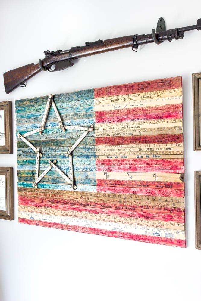 yardsticks repurposed into an American flag as diy wall decor