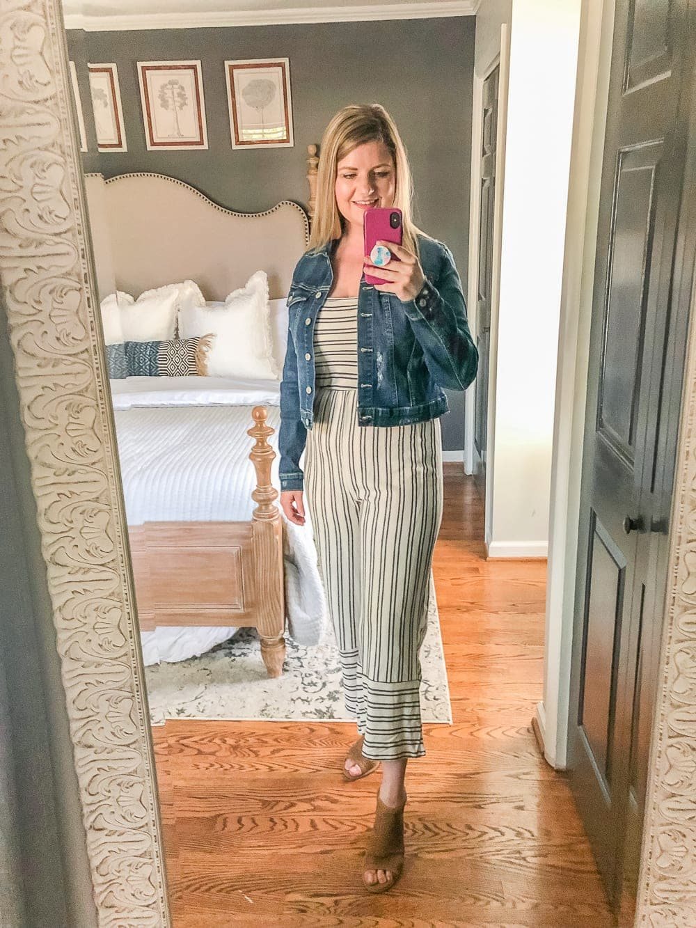 7 Inexpensive Tummy Hiding Mom Friendly Fall Outfits - fall jumpsuit with denim jacket and booties
