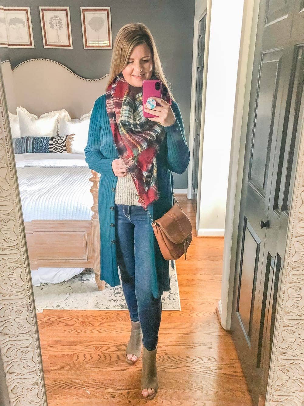 7 Inexpensive Tummy Hiding Mom Friendly Fall Outfits | sweater tank, jeans, long cardigan, plaid scarf, cognac crossbody bag, peep toe block heel booties