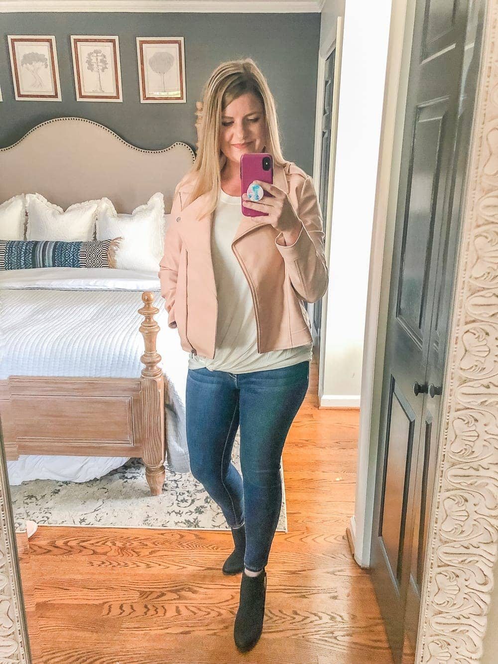 7 Inexpensive Tummy Hiding Mom Friendly Fall Outfits | blush moto jacket, jeans, tie waist tee, booties
