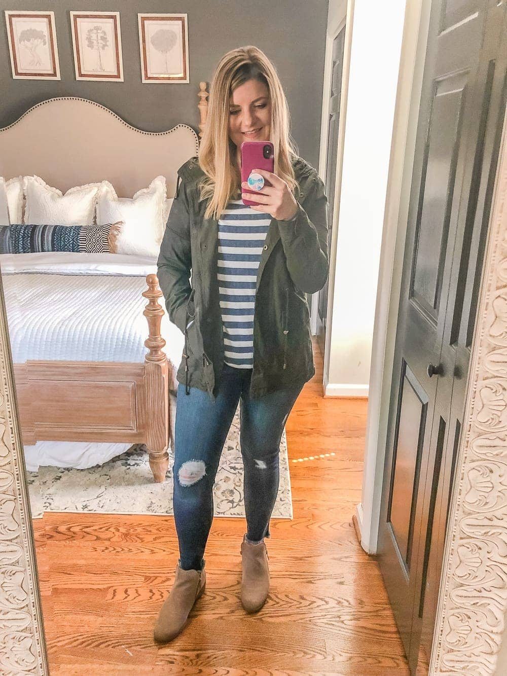 7 Inexpensive Tummy Hiding Mom Friendly Fall Outfits - pullover, distressed jeans, utility jacket, booties