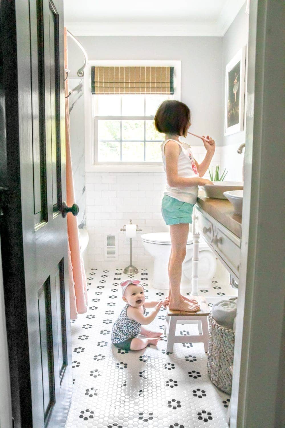Whimsical, classic kids bathroom makeover for little girls