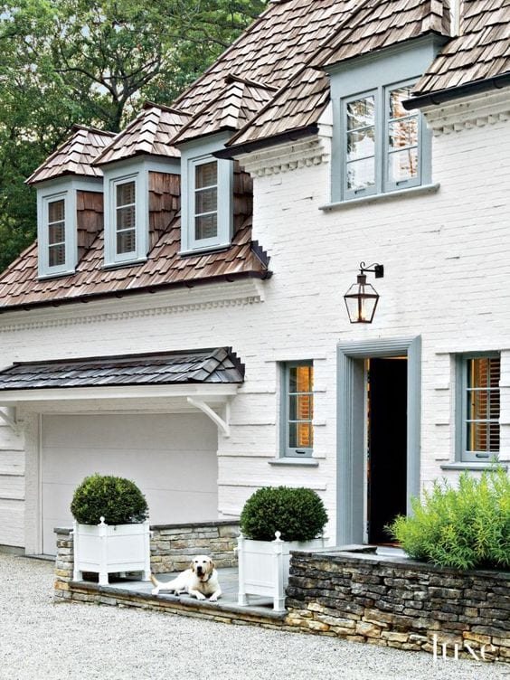 Limewash Brick Exterior Plans | unigumushane.com - A full exterior brick house makeover plan using real slaked limewash paint and trim color options for a classic European look.