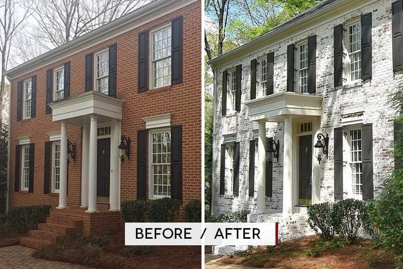 Limewash Brick Exterior Plans | unigumushane.com - A full exterior brick house makeover plan using real slaked limewash paint and trim color options for a classic European look.