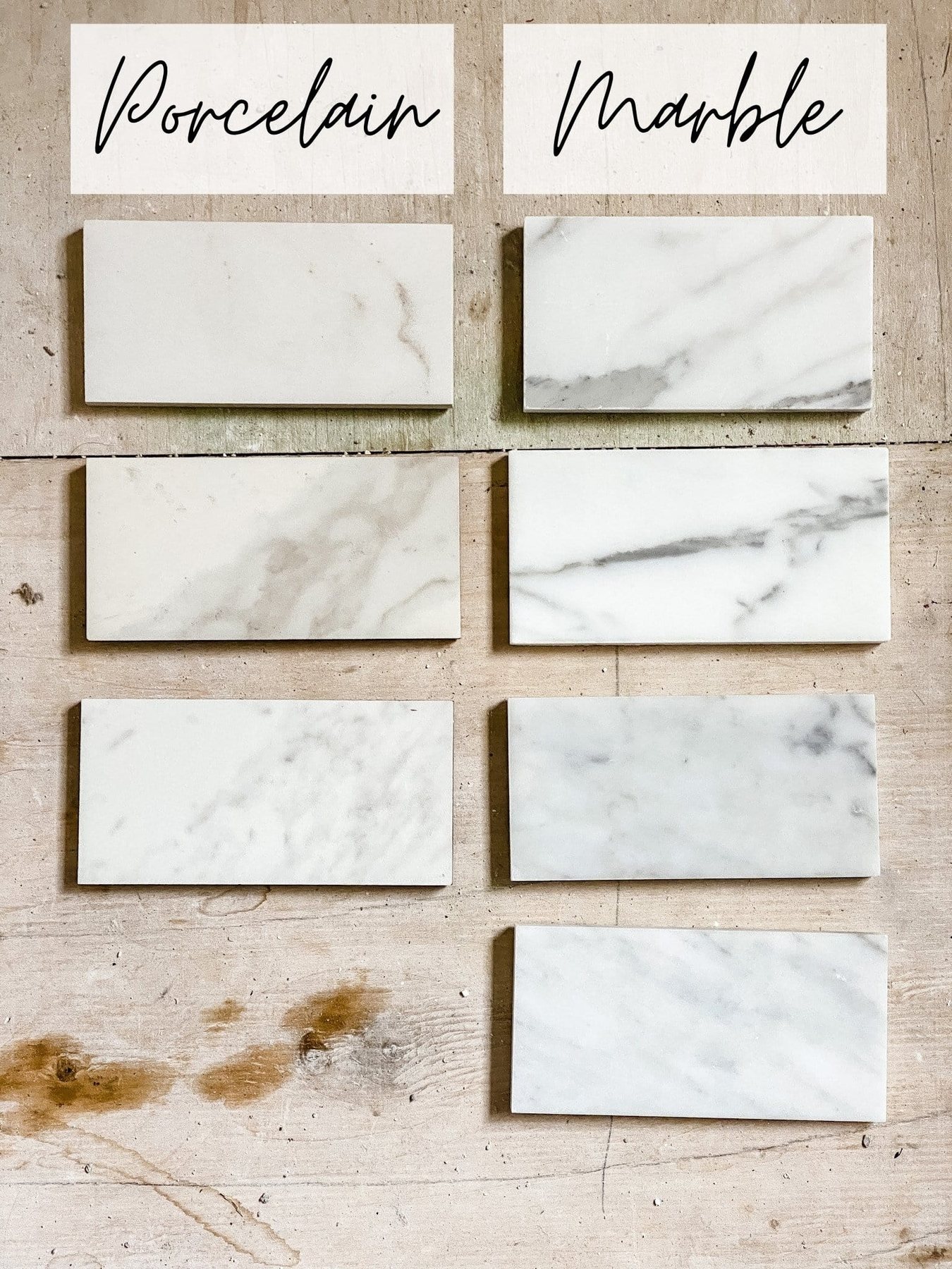 comparing marble tile with porcelain marble effect tile
