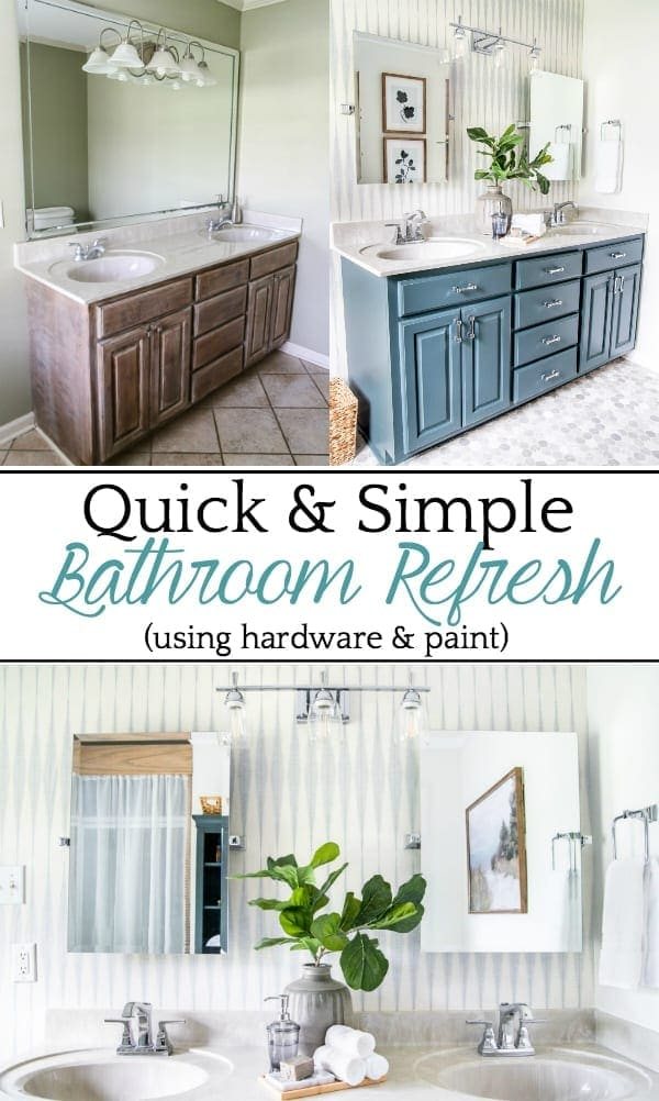#AD | A dated bathroom gets a quick refresh with paint, wallpaper, and @betterhomesandgardens hardware from @walmart for a bright, modern look on a budget.