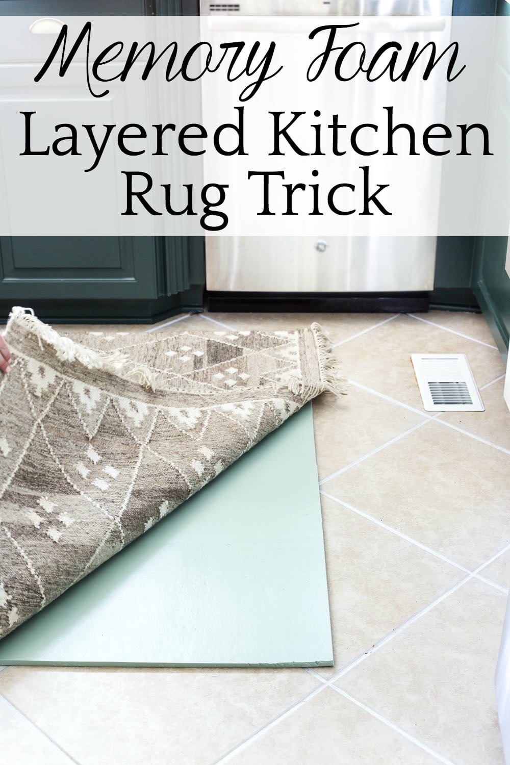 How to refresh tile grout cheaply and easily and add comfort to your kitchen floor with a layered memory foam kitchen rug. #kitchenfloor #kitchenrug #tile
