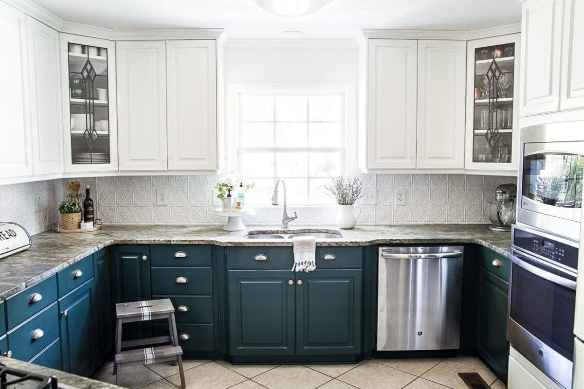 deep green painted kitchen cabinets