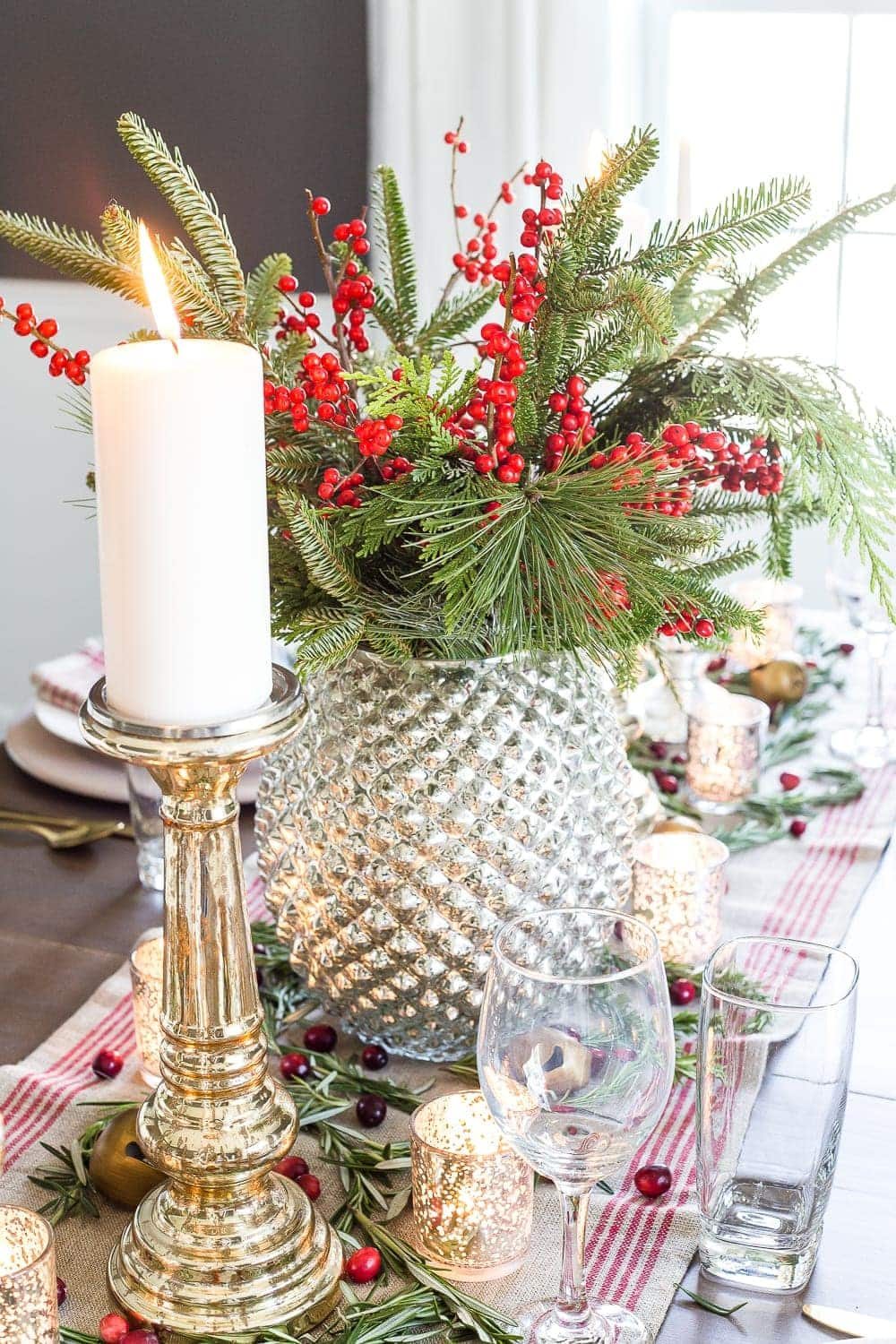 Mercury Glass Christmas Tablescape | unigumushane.com - How to set up a vintage glam mercury glass Christmas tablescape with tips and sources for how to do it on a budget. #christmasdecor #christmastablescape #holidaydecor #christmasdiningroom