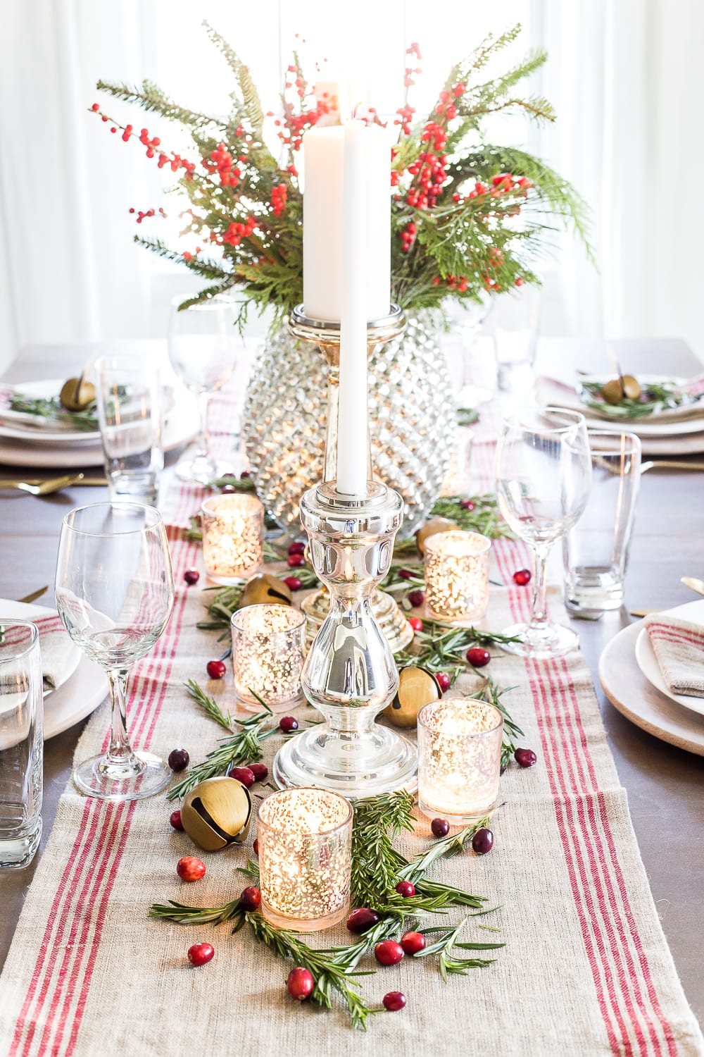 Mercury Glass Christmas Tablescape | unigumushane.com - How to set up a vintage glam mercury glass Christmas tablescape with tips and sources for how to do it on a budget. #christmasdecor #christmastablescape #holidaydecor #christmasdiningroom