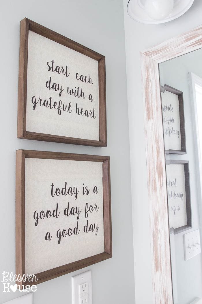 Modern Farmhouse Bathroom Makeover | Unigumushane - So many great ideas to create charm in a builder grade bathroom!