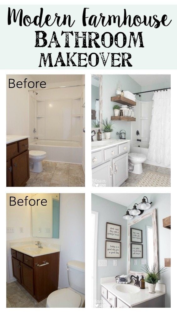 Modern Farmhouse Bathroom Makeover | Unigumushane - So many great ideas to create charm in a builder grade bathroom!