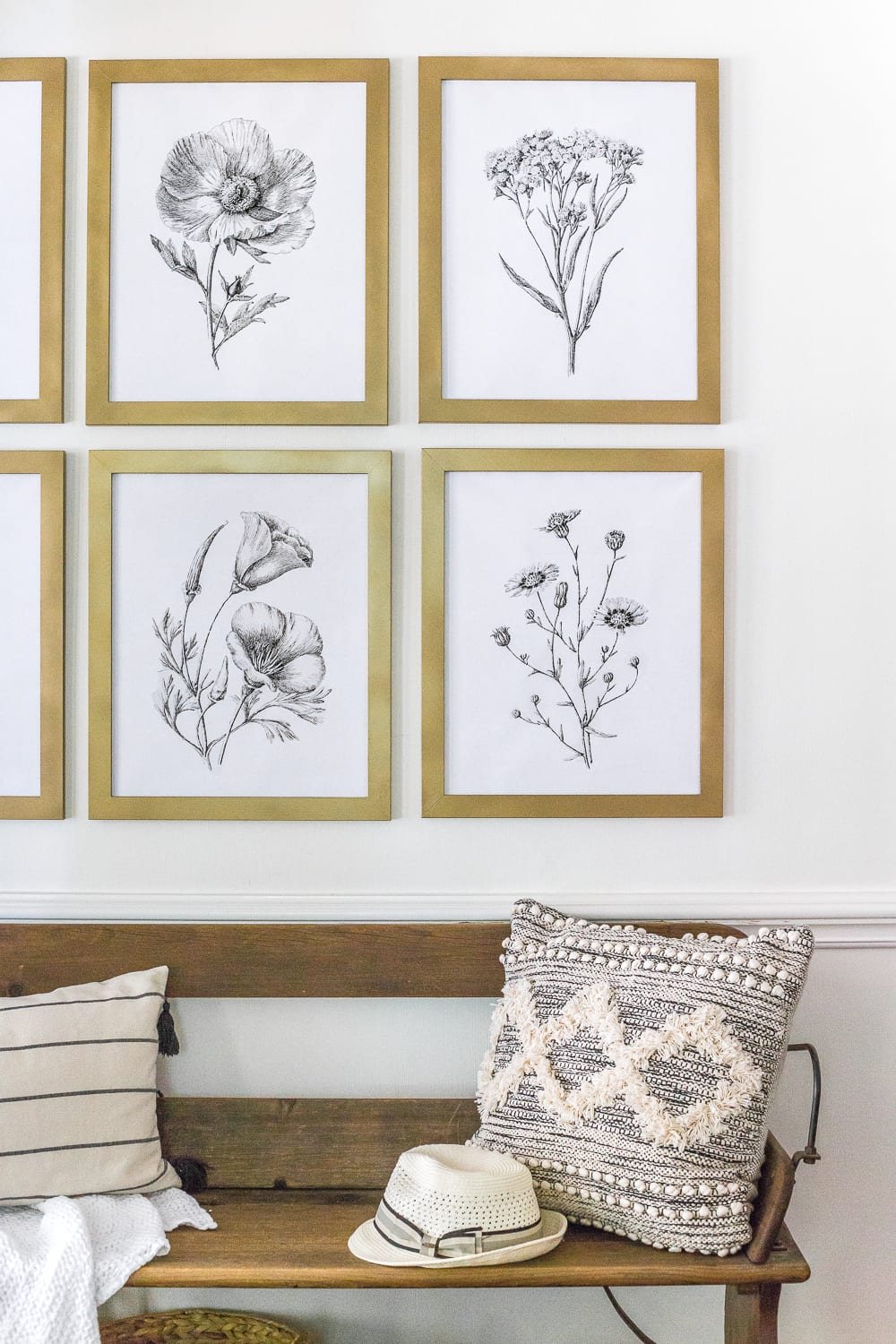 A free high resolution printable set of black and white modern minimalist botanical art and the best aged brass spray paint for frames.