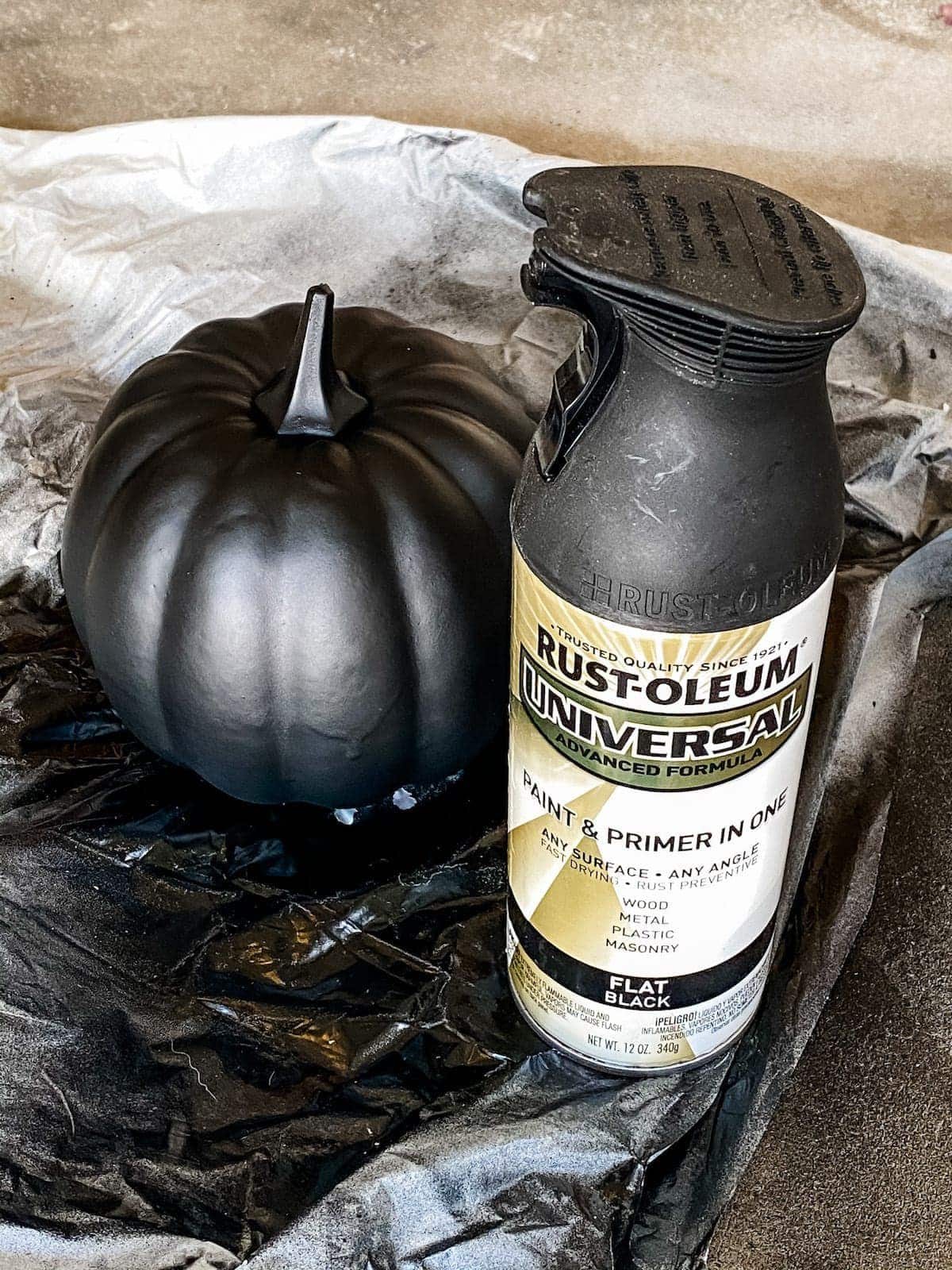 fake pumpkin painted with flat black spray paint