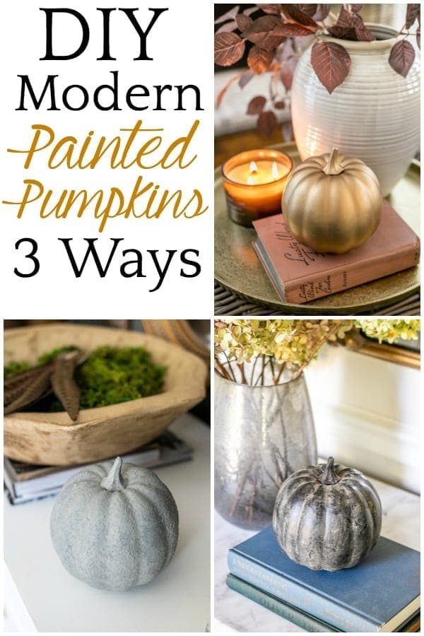 DIY Modern Painted Pumpkins 3 Ways | 3 techniques for DIY painted pumpkins using spray paint, metallics, and dirt to create concrete, antique brass, and black earthenware looks.