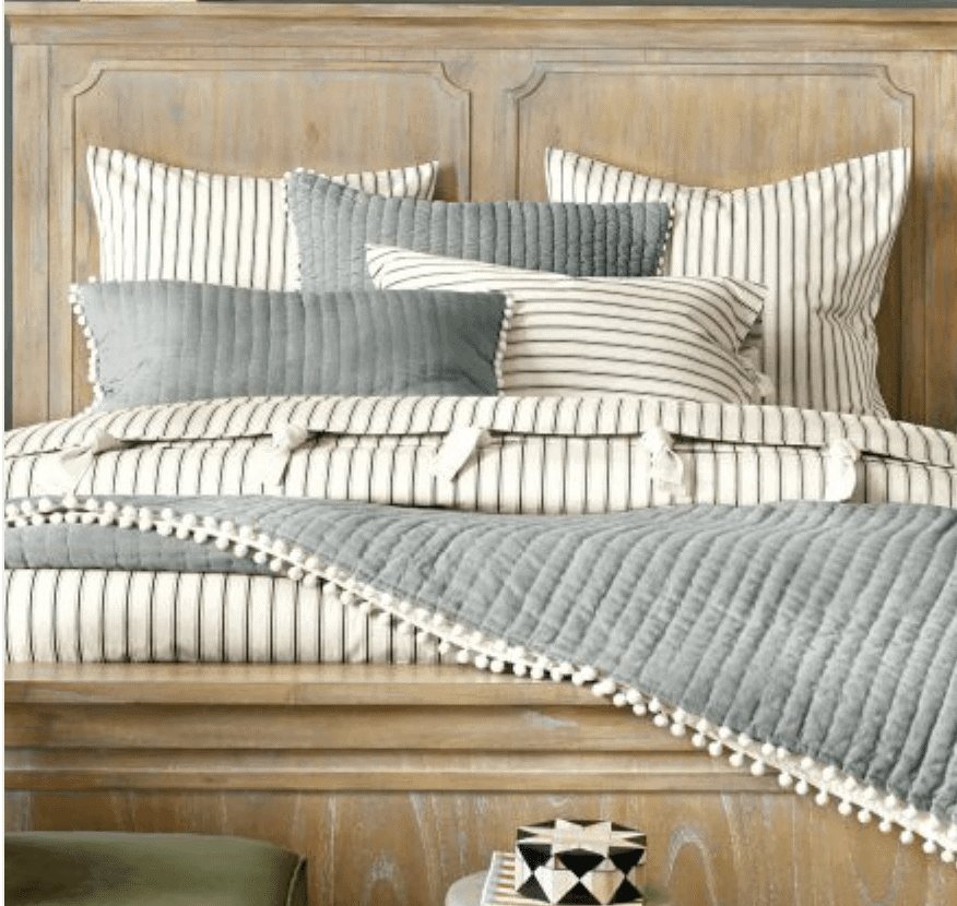 Modern Rustic Master Bedroom Design Plan | www.unigumushane.com | ticking stripe bedding