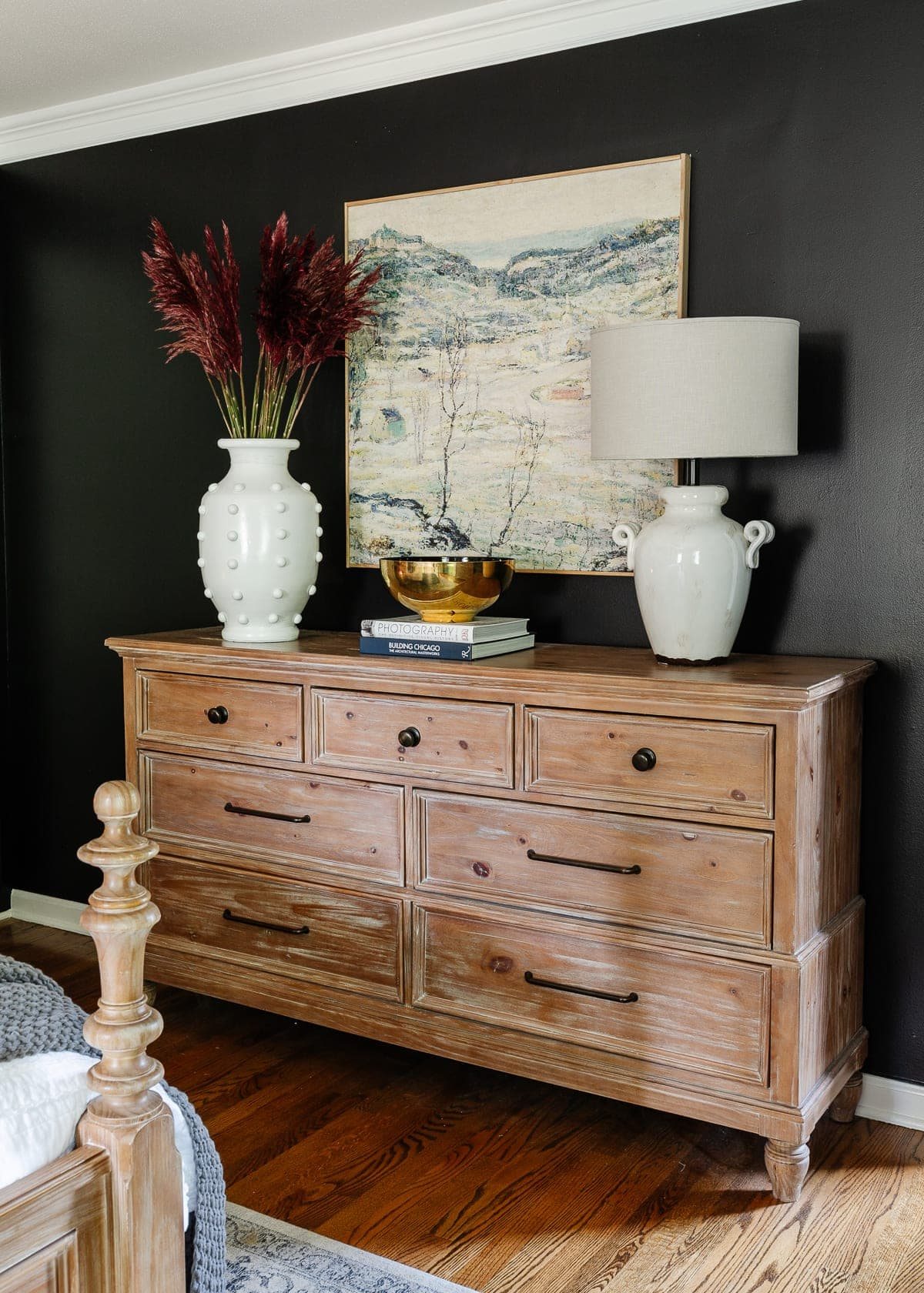 master bedroom dresser decor with fall dried stems