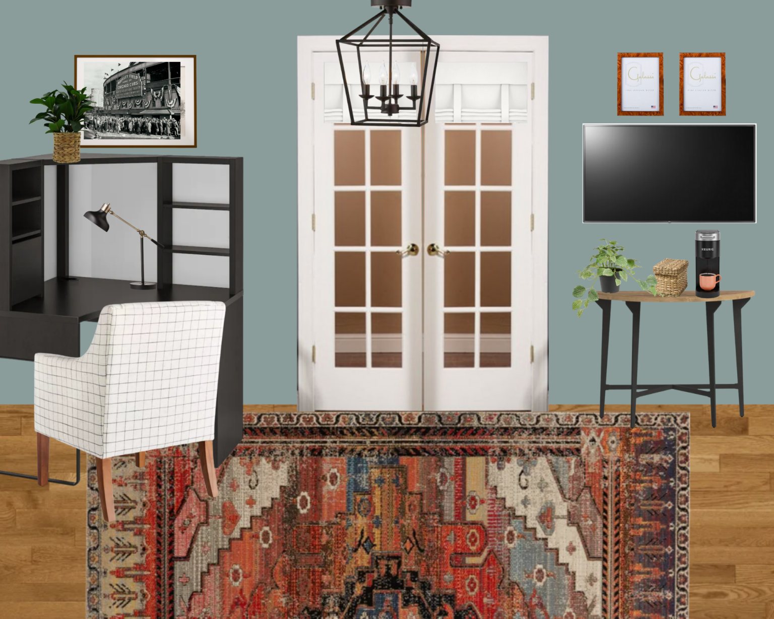 home office french doors mood board with coffee station