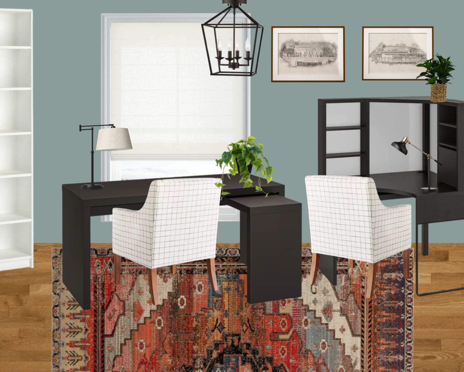home office mood board with desk and corner desk