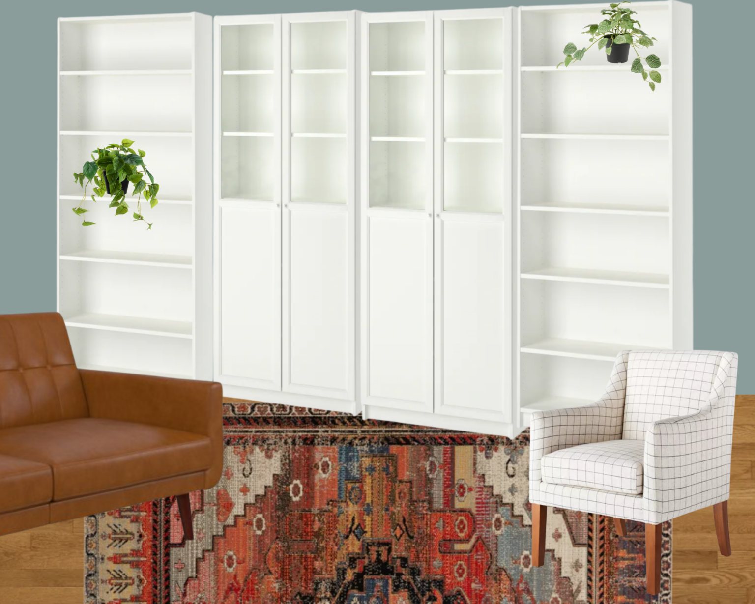 home office mood board using built in shelves