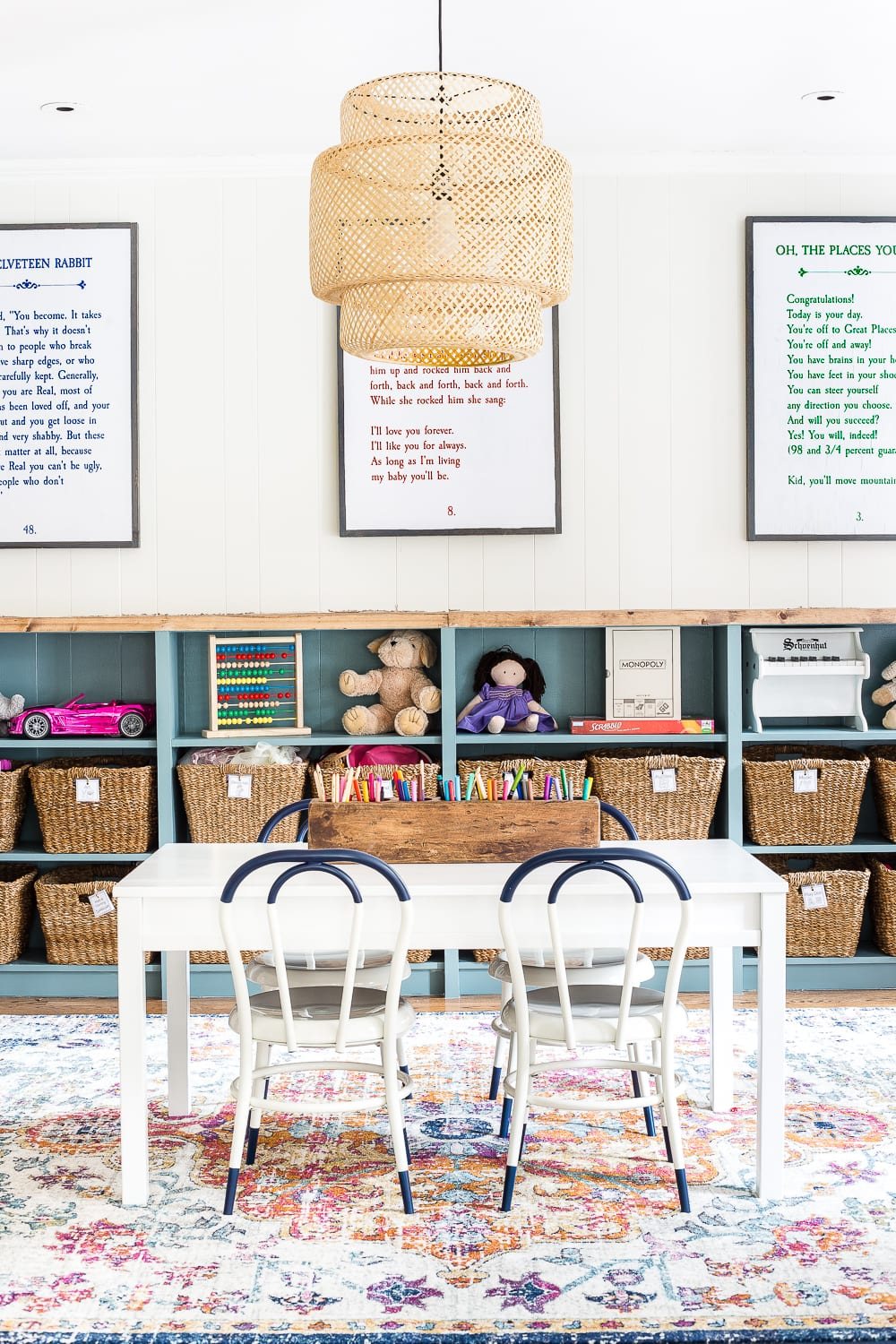 A playroom makeover with bamboo light fixture, adjustable play table, and miniature French bistro chairs. #playroom #kidsdecor