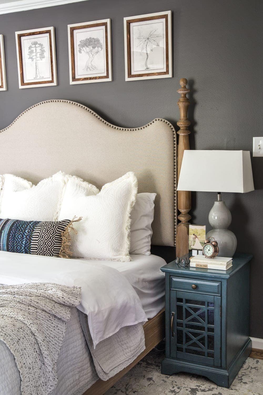 Simple, minimalist art ideas from Walmart that work perfectly in a bedroom to evoke a peaceful mood + charcoal gray wall paint