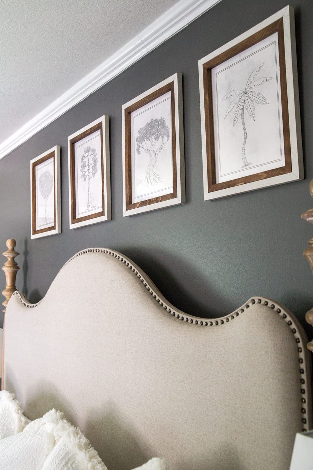 Simple, minimalist art ideas from Walmart that work perfectly in a bedroom to evoke a peaceful mood + charcoal gray wall paint
