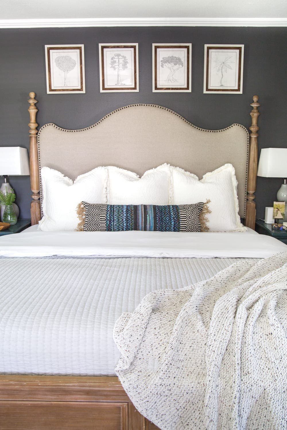 Simple, minimalist art ideas from Walmart that work perfectly in a bedroom to evoke a peaceful mood + charcoal gray wall paint