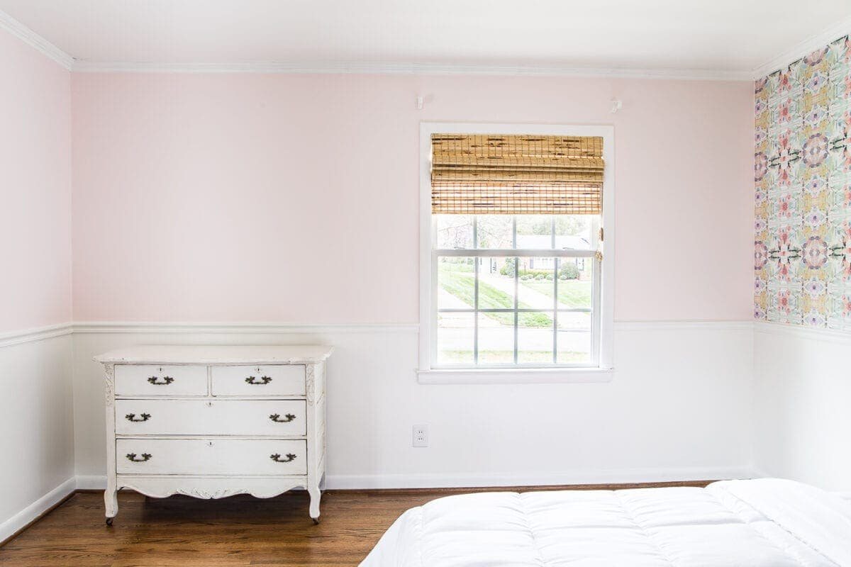 A sweet pastel little girl bedroom makeover with Behr My Sweetheart and retro wallpaper to transition into pre-teen/teenage years. #girlbedroom #kidsdecor #wallpaper #pinkpaint