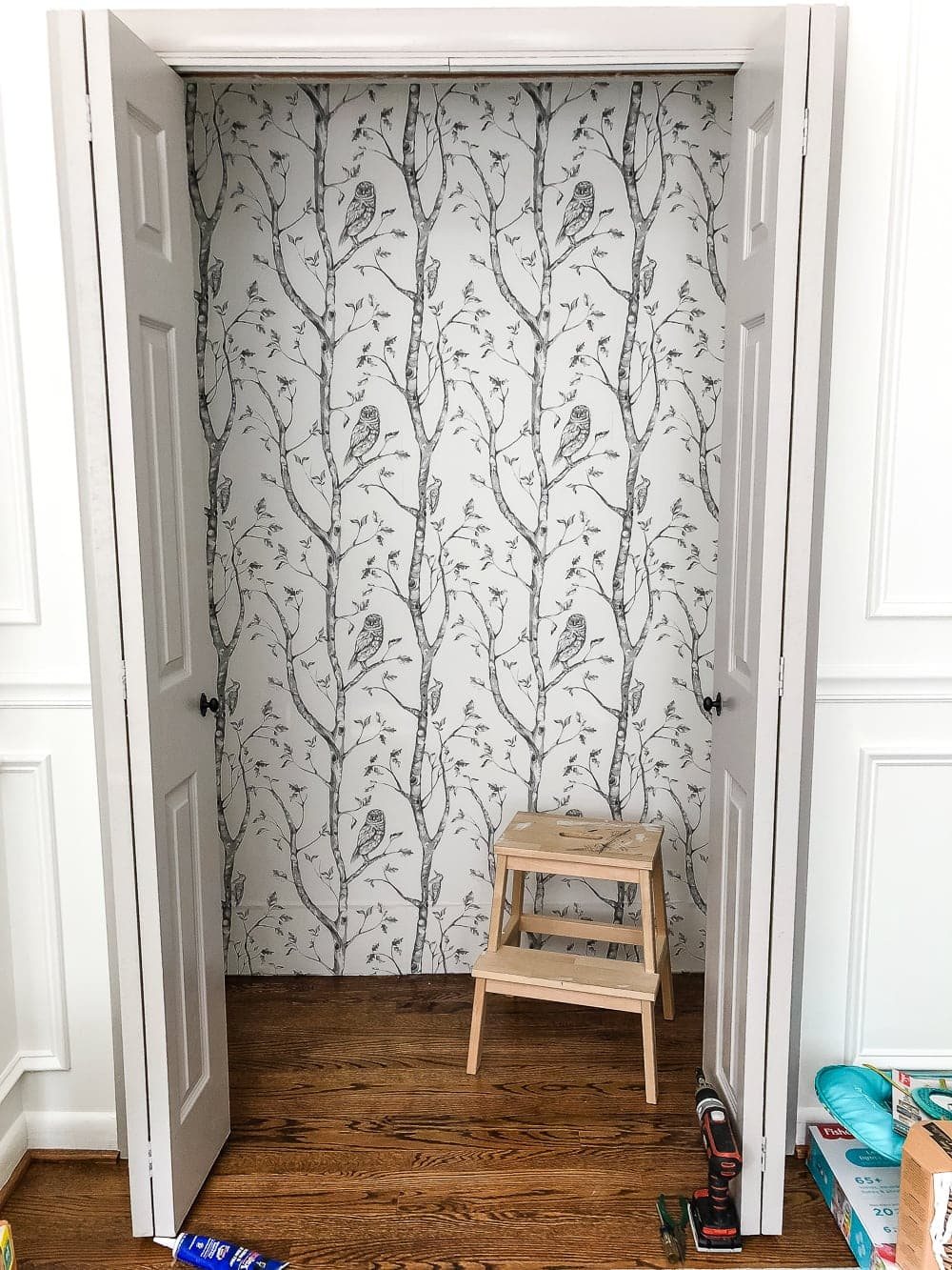 Nursery closet with peel and stick gray birch tree wallpaper