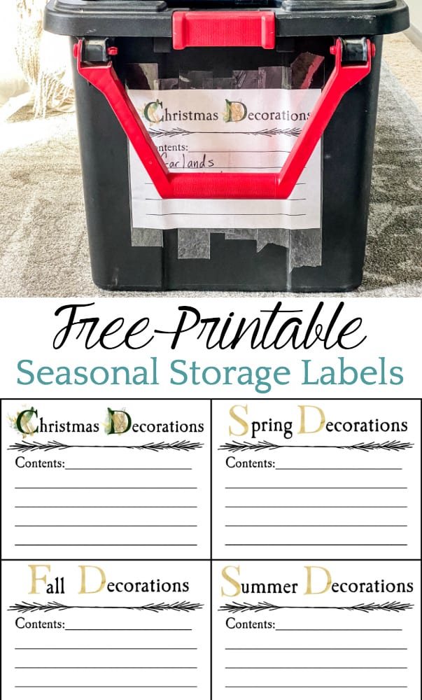 Our attic clean-out makeover and how we store our seasonal decor + free printable seasonal storage bin labels for Christmas, spring, summer, and fall.