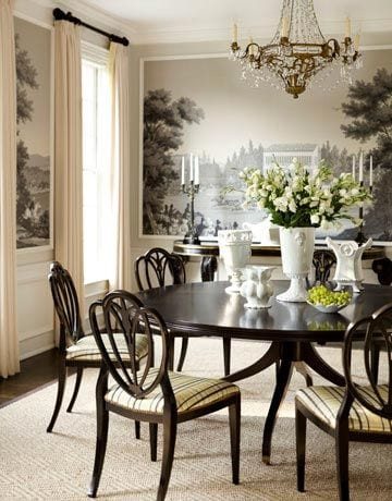 scenic mural and picture frame molding in a traditional dining room