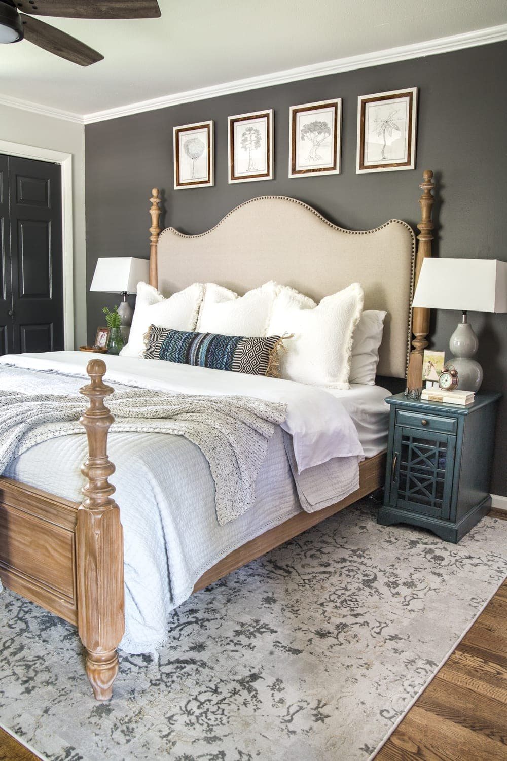 Simple, minimalist art ideas from Walmart that work perfectly in a bedroom to evoke a peaceful mood + charcoal gray wall paint
