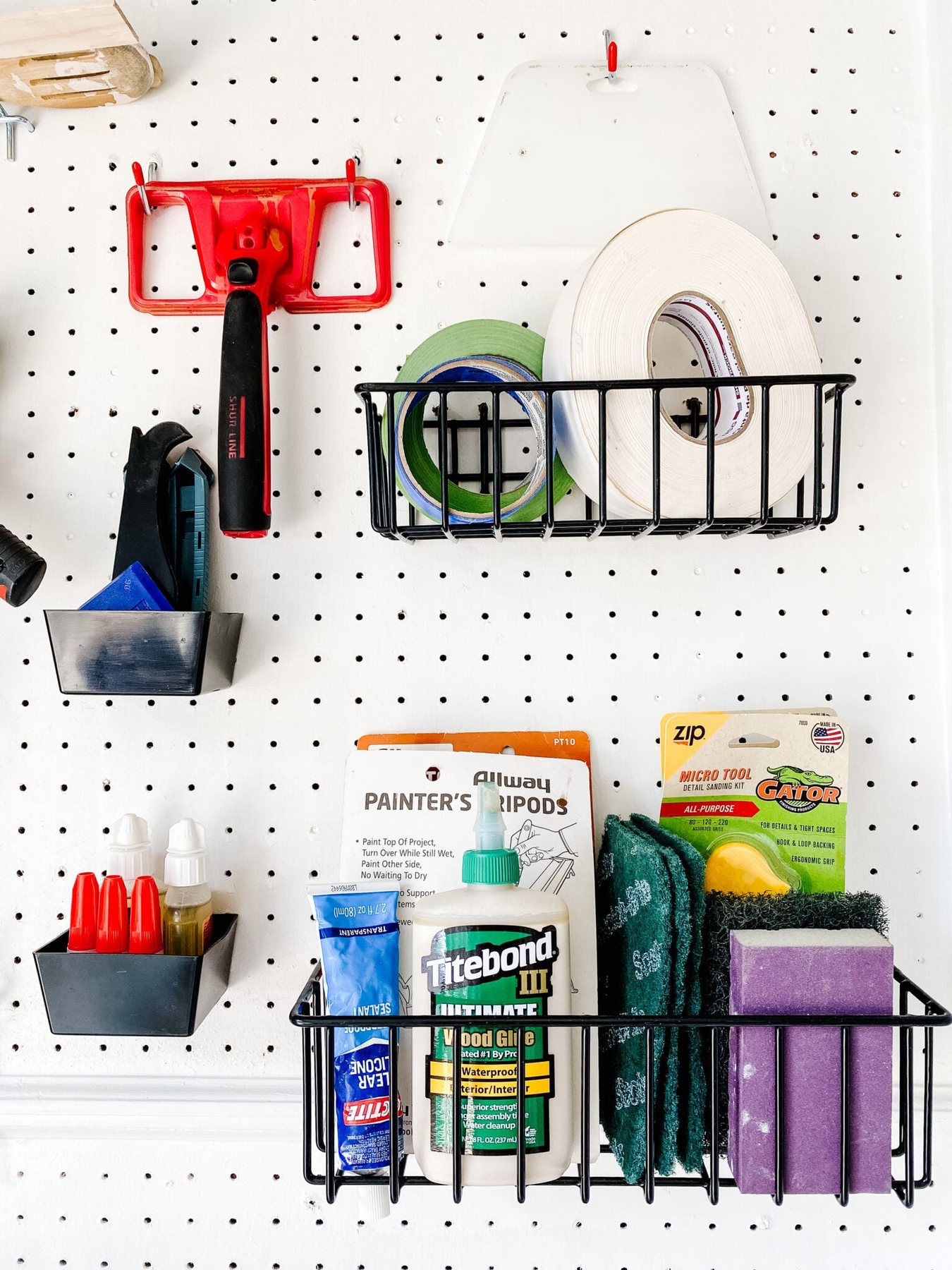 pegboard baskets for storing project supplies