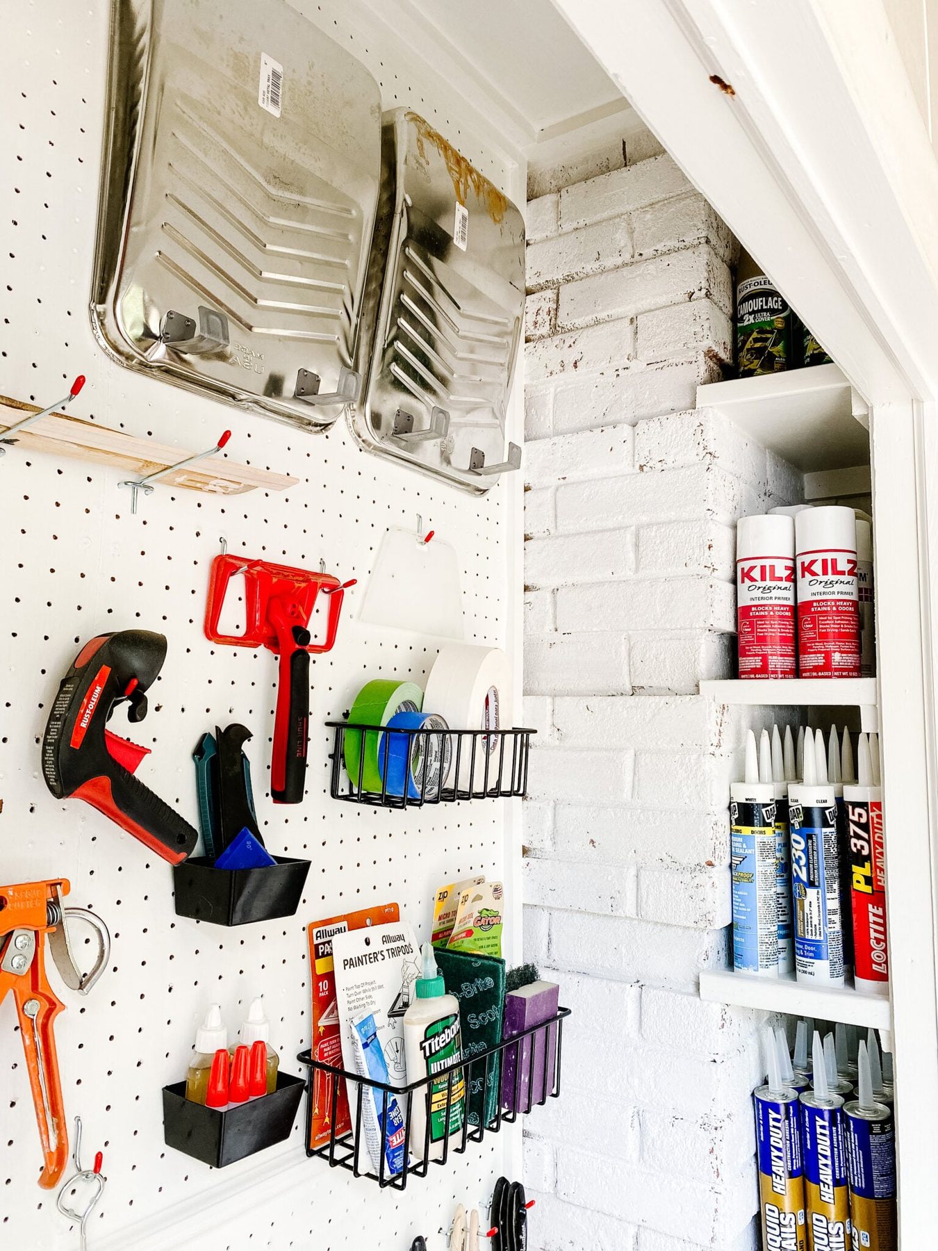 organizing spray paint storage with DIY shelves