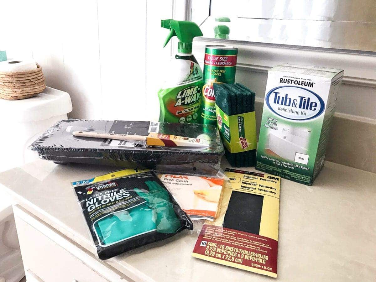How to paint a sink, countertop, tub, and shower for $100 and how to make it last using Rustoleum Tub & Tile Refinishing Kit #bathroom #bathroommakeover #diyproject #homeimprovement #paintedsink #paintedcountertop #paintedtub #paintedshower