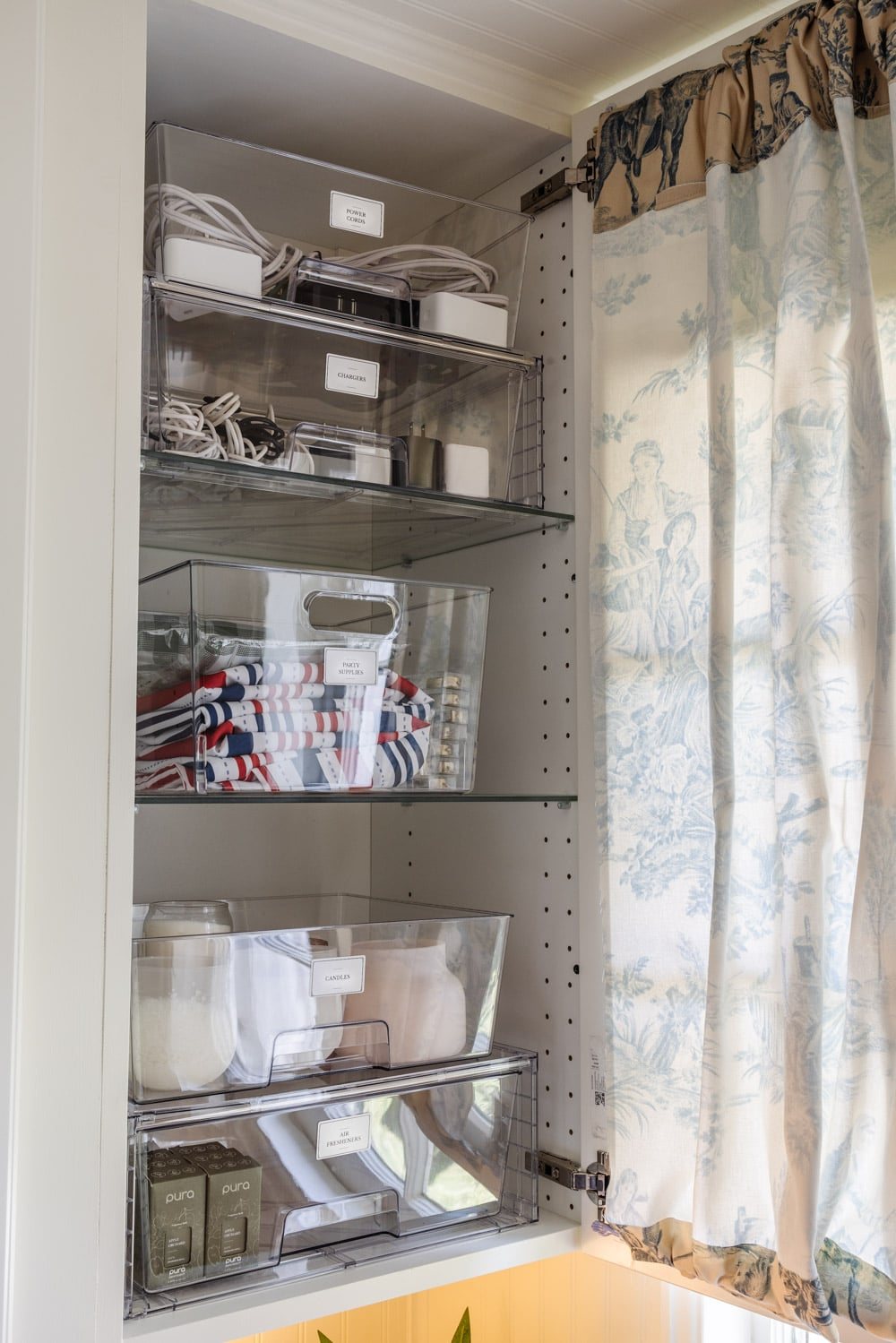 small laundry room organization - labeled bins